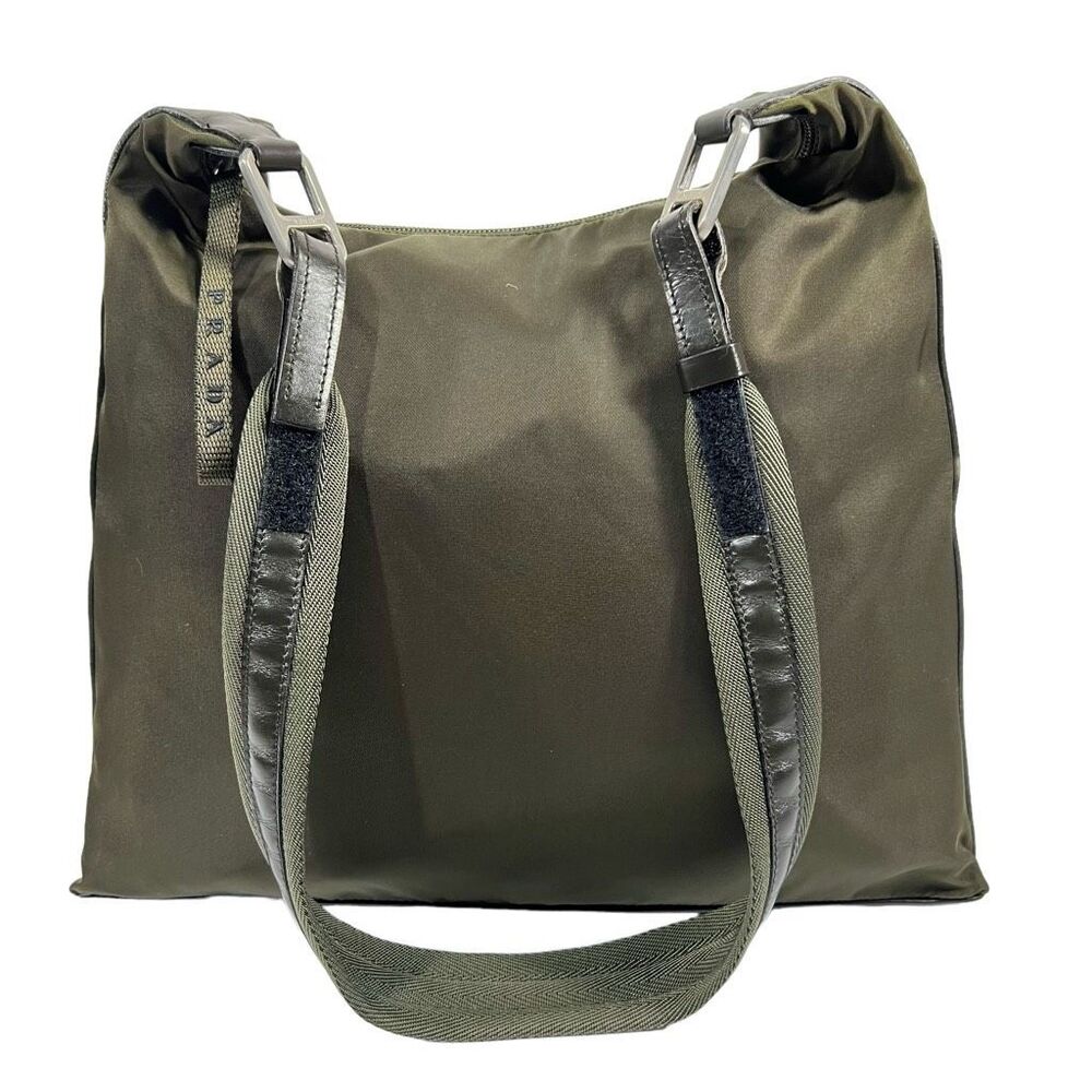 Prada Women's Olive Green Black Nylon Leather Trim Hobo Shoulder Bag Medium